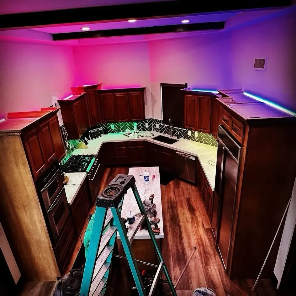 Color-changing LED accent and under-cabinet lighting in a kitchen remodel - Orozco Electric