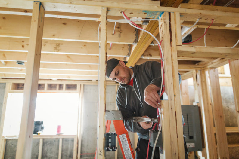 Wiring work in a framed building